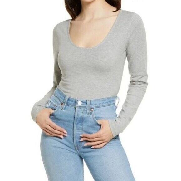 BP SCOOP NECK LONG SLEEVE ORGANIC COTTON TOP IN GRAY NWOT‎ WOMEN'S SIZE MEDIUM - Picture 1 of 9
